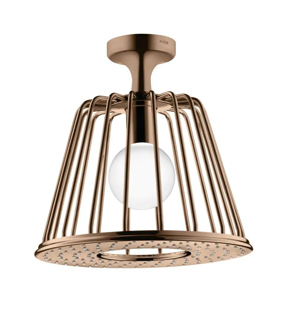 Deckeneinbauleuchte mit einem metallenen Gestell in Rotgold und einer gläsernen Lampe, entworfen von AXOR. Das Design zeigt ein offenes Gittermuster.